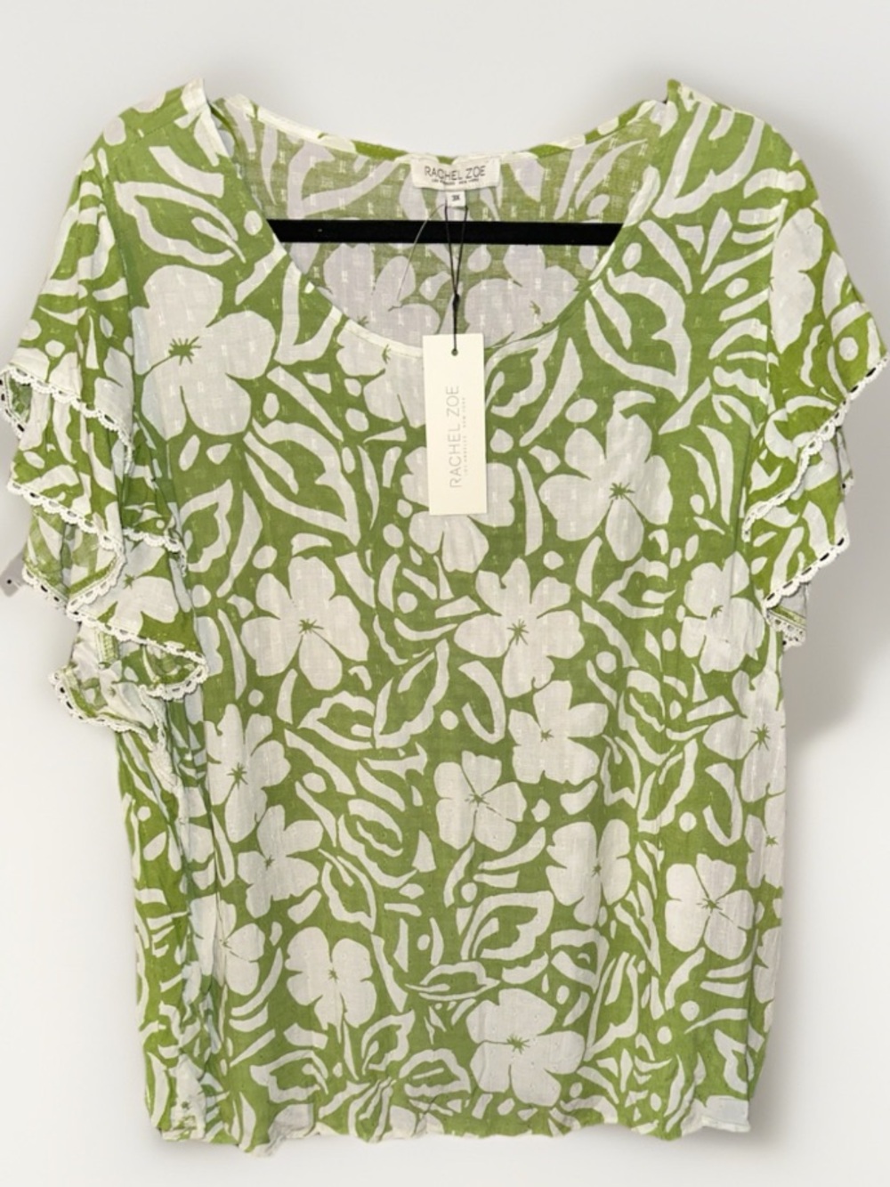 Rachel Zoe Green and White Floral Ruffle Sleeve Blouse